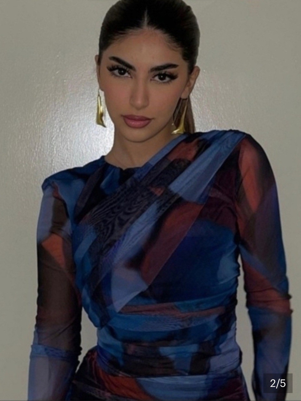 Zara Blue and Burgundy Abstract Sheer Long-Sleeve Top